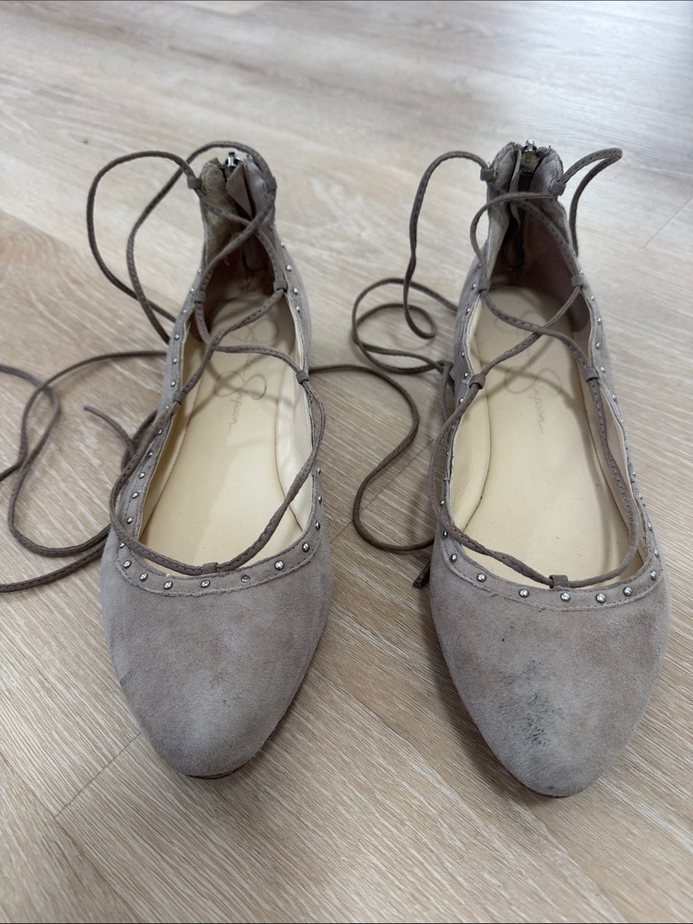 Jessica Simpson Taupe Lace-Up Studded Ballet Flats